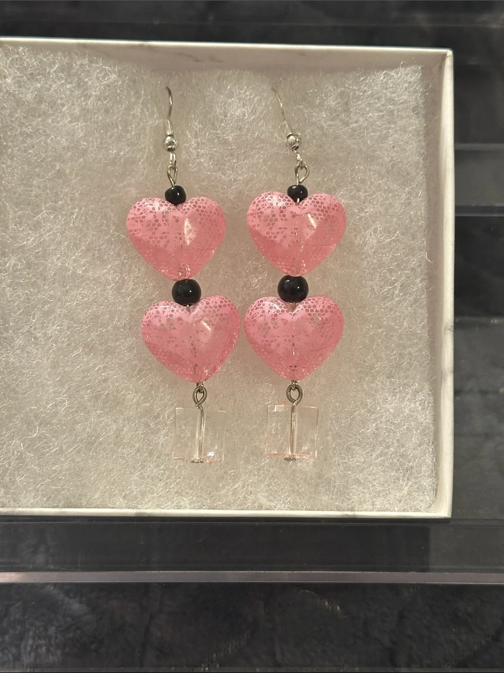 Handmade Pink Heart Dangle Earrings - Feminine Sparkle